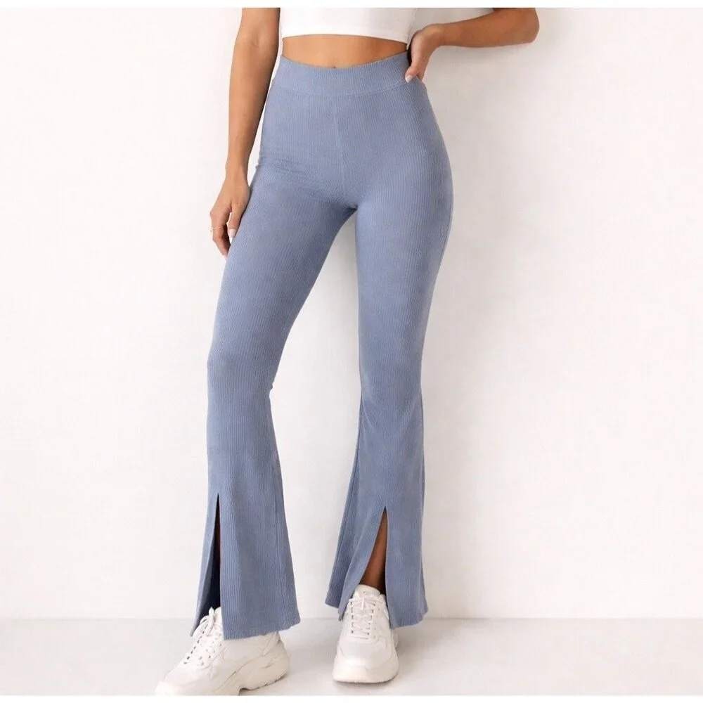 Abercrombie & Fitch Ribbed Knit Kick Flare Pull on Pants Leggings Lounge‎ L Blue